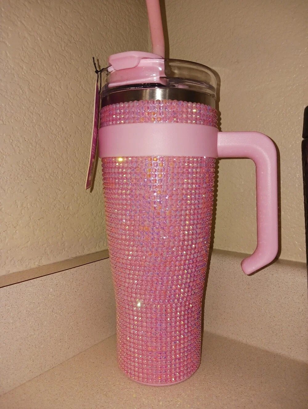 Pink Rhinestone Bling Travel Tumbler with Handle and Straw - Pink